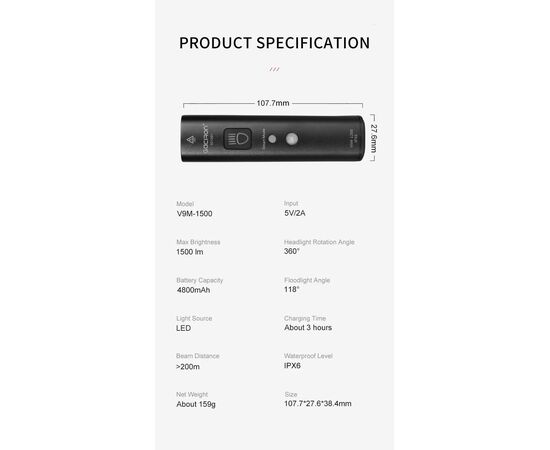Фара передняя GACIRON V9M-1500 1500LM Micro USB 4800mAh 07-300124, изображение 9