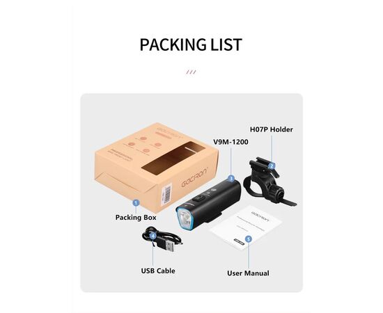 Фара передняя GACIRON V9M-1500 1500LM Micro USB 4800mAh 07-300124, изображение 21