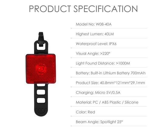 Фонарь задний GACIRON W08-40A 40 LM Micro USB 07-300173, изображение 3