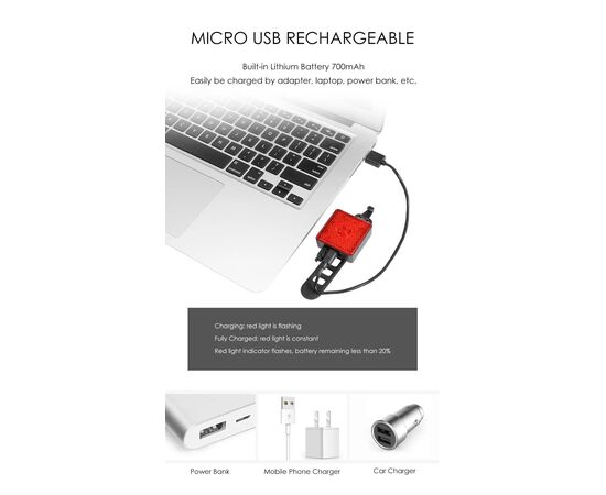 Фонарь задний GACIRON W08-40A 40 LM Micro USB 07-300173, изображение 7