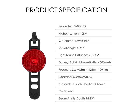 Фонарь задний GACIRON W08-10A 10 LM Micro USB 07-300171, изображение 4