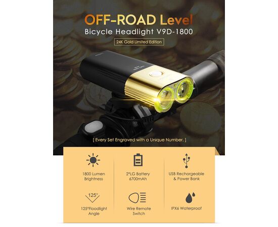 Фара GACIRON V9D-1800 GOLD 2xCREE 1800LM Micro USB 6700mAh 07-300133, изображение 6