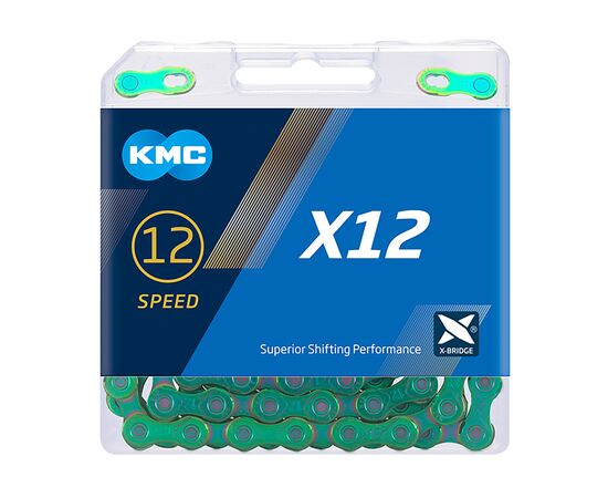 Цепь для велосипеда KMC X12 Aurora Green (11/128", 12 ск., 126 звеньев, с замком, зеленый "бензина!")